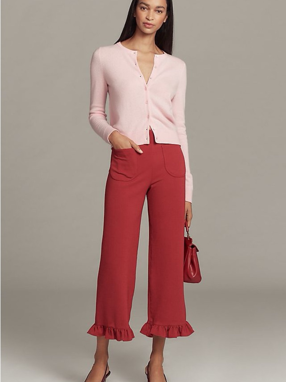 Maeve Red Ruffle-Hem Wide-Leg Cropped Pants